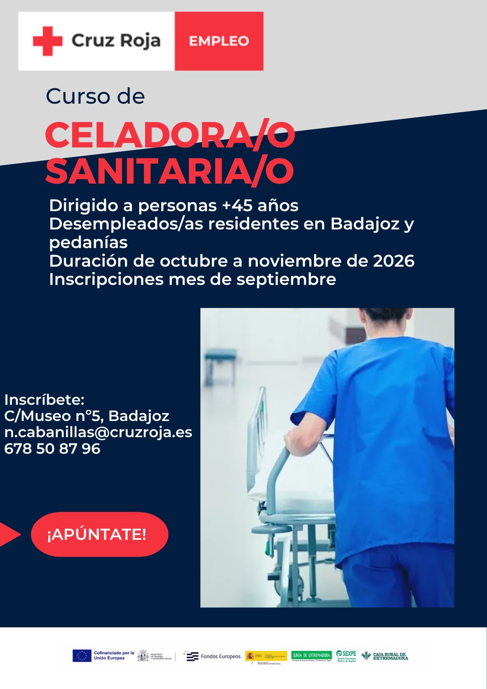 Cartel del curso de Celador/a Sanitario/a de Cruz Roja en Badajoz para personas desempleadas mayores de 45 años